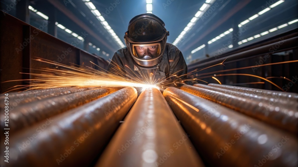 Poster A medium closeup of rustcovered pipes being sanded down by a worker with sparks flying and protective gear reflecting the bright workshop lights emphasizing safety and precision in