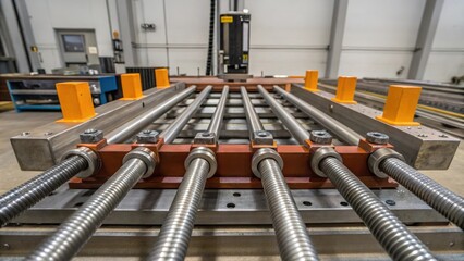 A medium closeup of highstrength steel bars arranged in a testing rig with mounting jigs strategically p to hold the materials as strain gauges prepare for data collection.