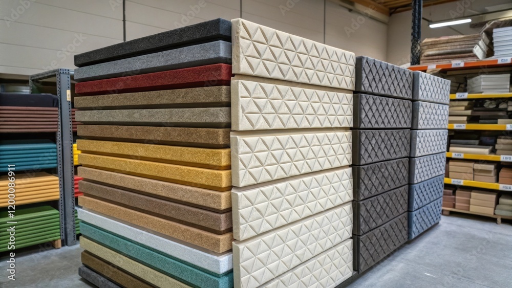Poster a medium closeup of soundproof wall panels stacked in a storage area showcasing the variety of textu