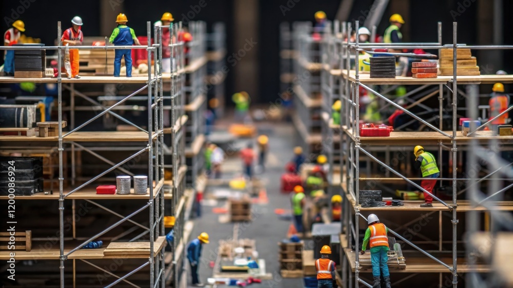 Aufkleber A medium closeup of scaffolding platforms filled with workers and tools providing an energetic and chaotic glimpse into the assembly process.