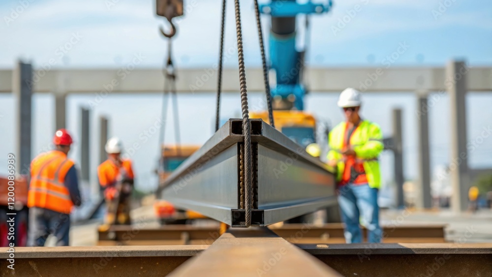 Poster a medium closeup of steel beams being secured by the mobile crane with workers in the background don