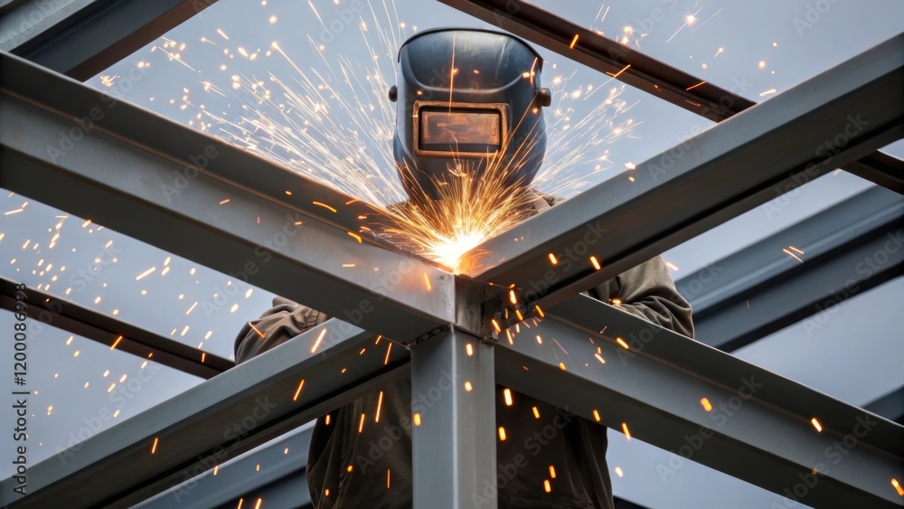 Poster a medium closeup of sparks flying as a worker welds a support beam on the crane with a protective ma