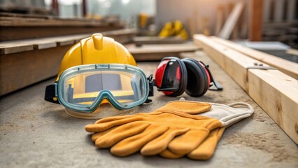 A medium closeup of safety equipment including goggles and gloves laid out next to the mixing area highlighting the importance of worker safety.