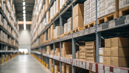 Obraz premium A medium closeup of shelving units filled with neatly organized boxes emphasizing the height and complexity of the multilevel storage system.