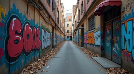 Naklejka premium Vibrant graffiti-covered alleyway reflecting urban art and gritty surroundings
