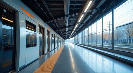 Fototapeta premium Sleek modern tram station interior featuring glass and metal design with ample copyspace