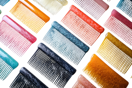 Colorful assortment of plastic combs arranged in a pattern for hair grooming and styling
