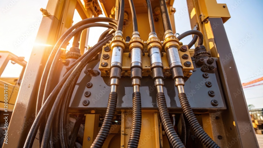 Poster A medium closeup of the hydraulic system of the pile driver with hoses and connections glinting under the sun emphasizing the complex engineering that powers the heavy machinery.