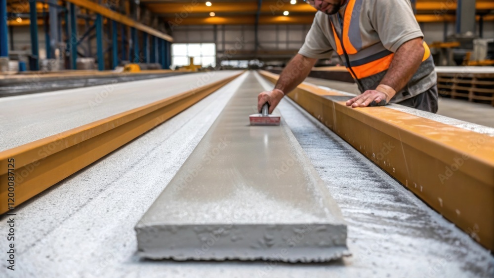 Poster A medium closeup of the finishing process where a worker is applying a smoothing agent onto the surface of a prestressed concrete beam showing the contrast between the freshly