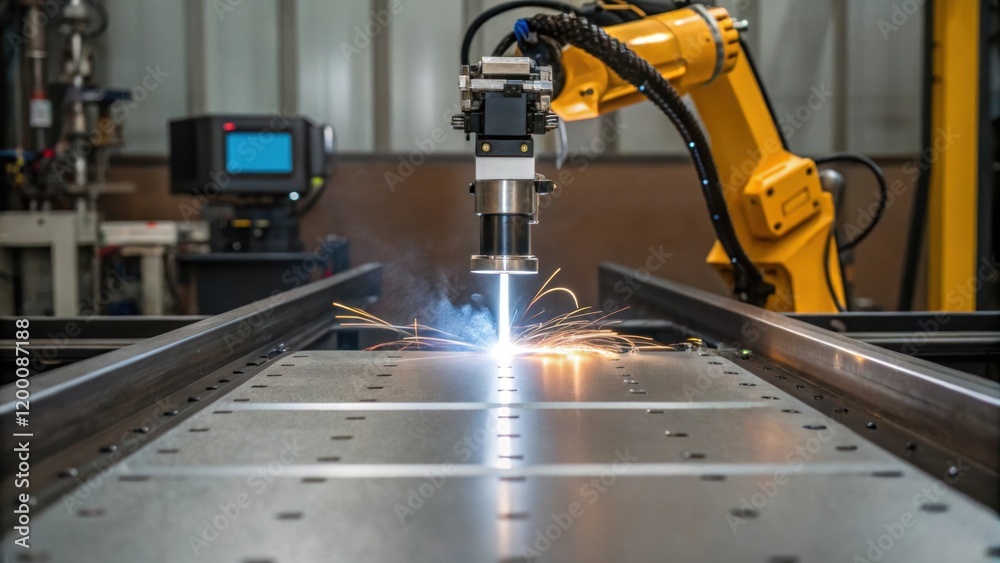 Aufkleber A medium closeup of the welding area with strong focal points on the smoothness of a freshly welded seam highlighting the robots ability to maintain uniformity and precision.