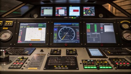 A medium closeup of the operators console filled with screens and gauges showing a mix of various data visualizations and control panels for the tunnel boring process.