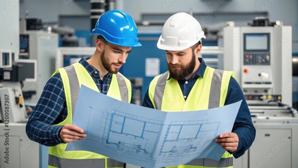 Poster A medium closeup of two technicians discussing a blueprinted layout surrounded by advanced machinery conveying teamwork in the assembly process.