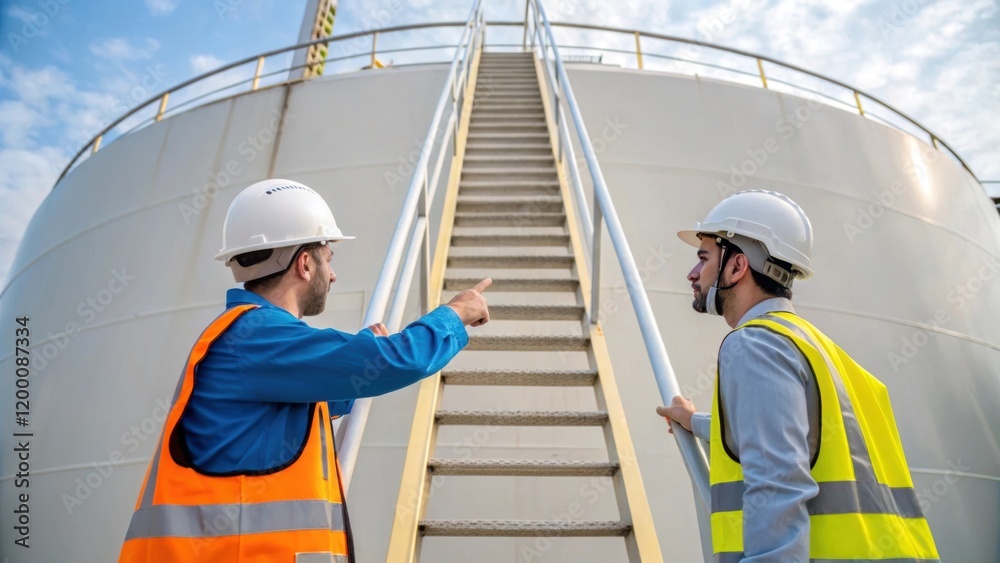 Poster A medium closeup of two workers discussing safety protocols one pointing toward a ladder leading to the top of a towering fuel storage tank emphasizing teamwork and communication.