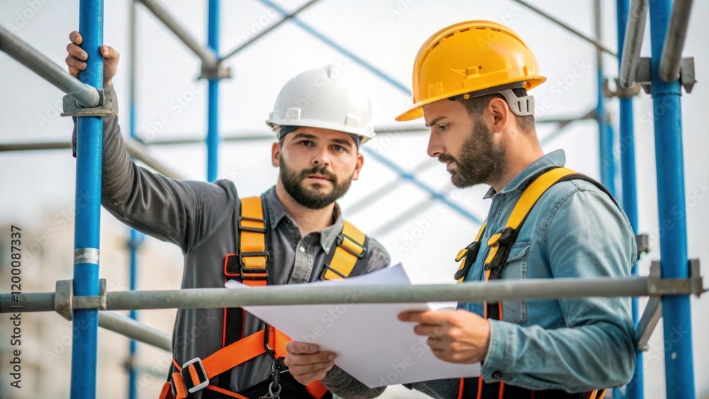 Poster A medium closeup of two workers coordinating their movements discussing plans as they connect cross beams to the main scaffolding frame.