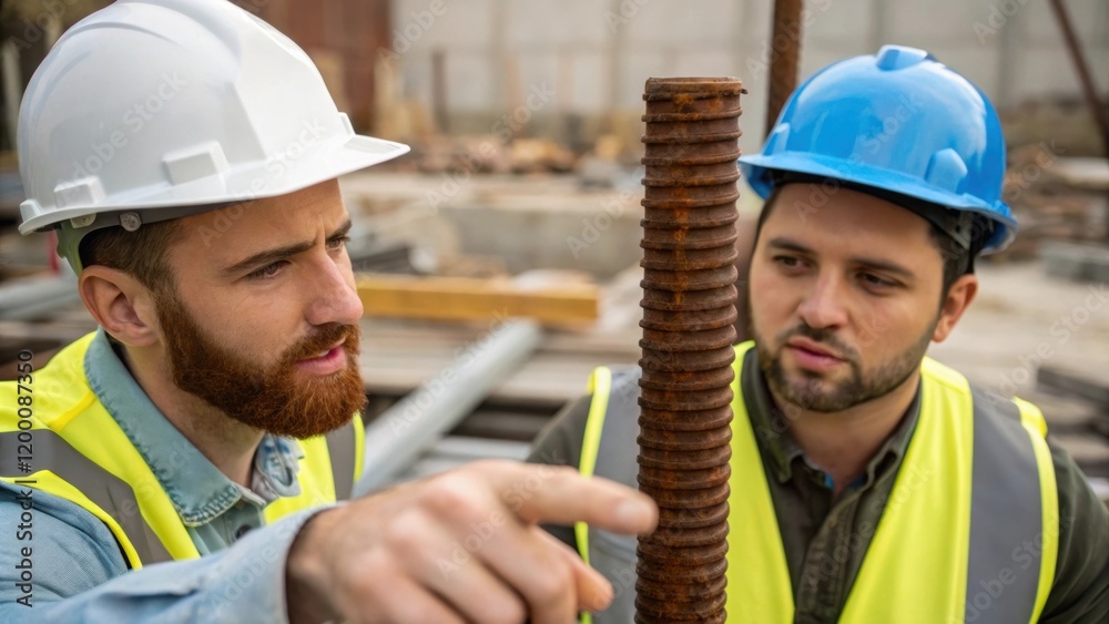 Poster A medium closeup of two workers in safety helmets discussing foundation integrity with one pointing at a rusted anchor bolt.