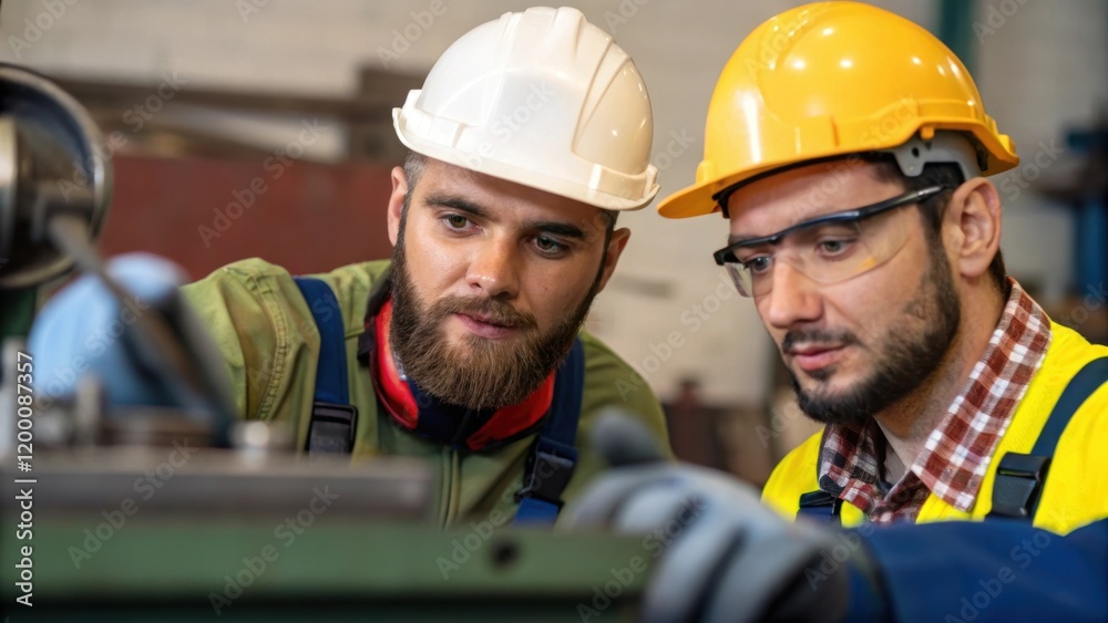 Poster a medium closeup of two workers discussing machinery operation