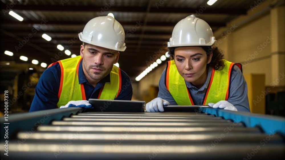 Aufkleber a medium closeup of two workers in hard hats examining a conveyor belts rollers their faces focused 