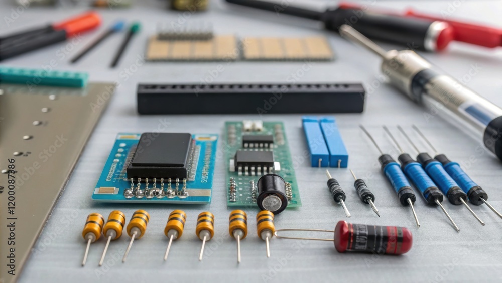 Poster A medium closeup of various electronic components including resistors capacitors and microcontrollers neatly organized in a technicians workspace illuminated by soft lighting.