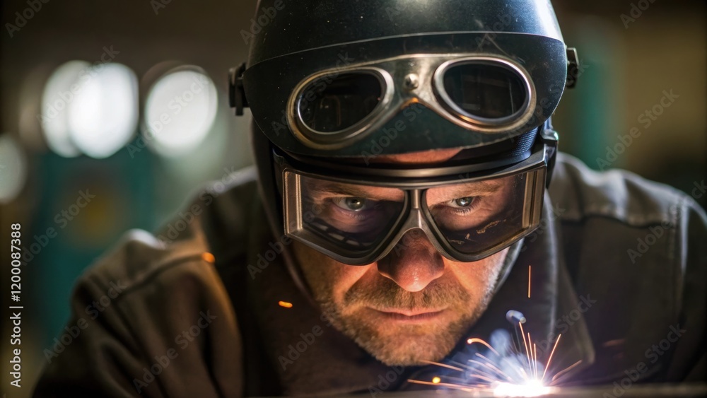 Poster a medium closeup of welding goggles pushed up on a welders forehead showing intense concentration in