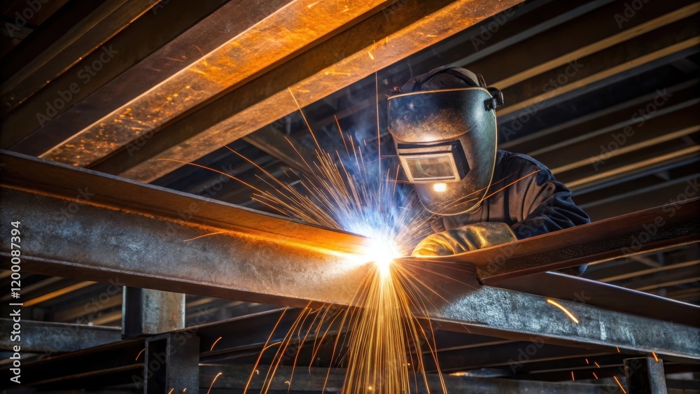 Poster a medium closeup of welding equipment in action with molten metal fusing large steel beams that will