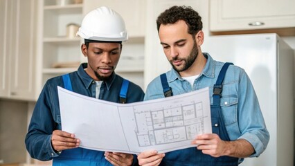 A medium closeup of two individuals collaborating one reading blueprints while the other holds up a fabricated kitchen component illustrating teamwork.