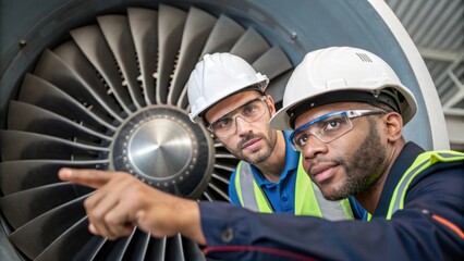 A medium closeup of two technicians collaborating around a massive fan casing their expressions focused as they point to various components.