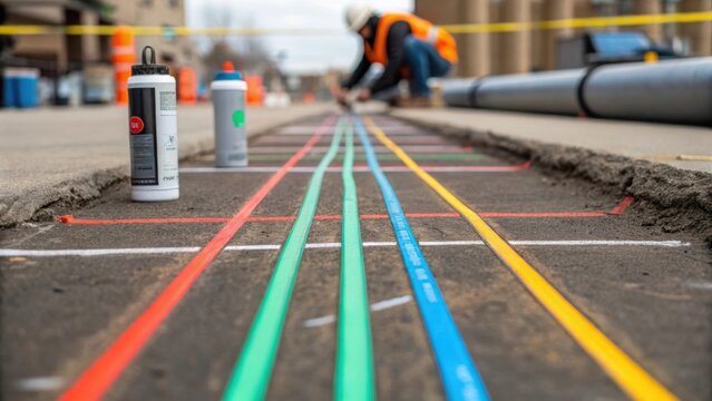 A medium closeup of underground utilities being marked out with spray paint before trenching begins displaying various colored lines indicating different infrastructure.