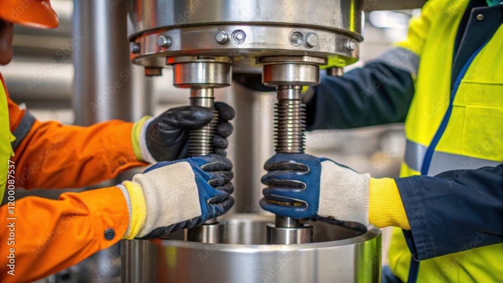 Poster a medium closeup of workers in safety gear collaborating to tighten bolts on the mixers chassis show