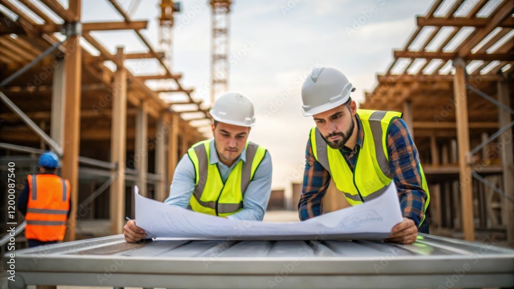 Poster a medium closeup of workers in safety gear studying blueprints laid out on a metal table with the ha