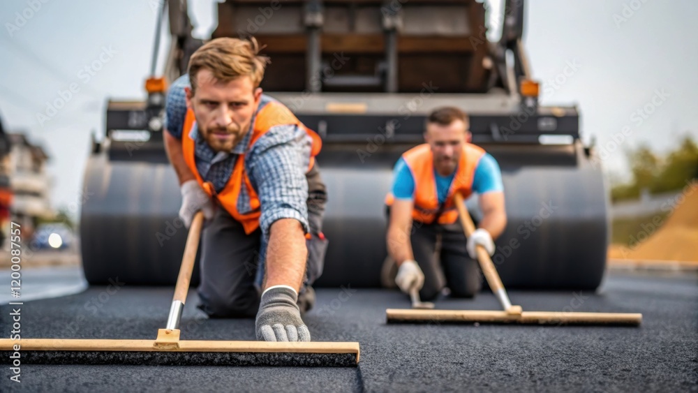 Aufkleber A medium closeup of workers using hand tools to smooth the edges of the new asphalt with focused expressions and dynamic movements captured against the backdrop of the large