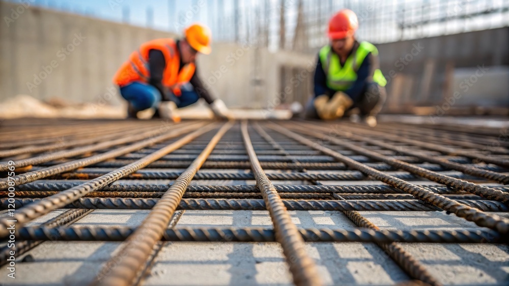 Aufkleber A medium closeup of workers inspecting a grid of laid rebar showing the intricate patterns formed by overlapping bars before the concrete is poured.