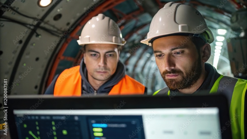 Aufkleber A medium closeup of workers in safety helmets intently monitoring the controls of the tunnel boring machine their expressions focused on the screen displaying realtime data.