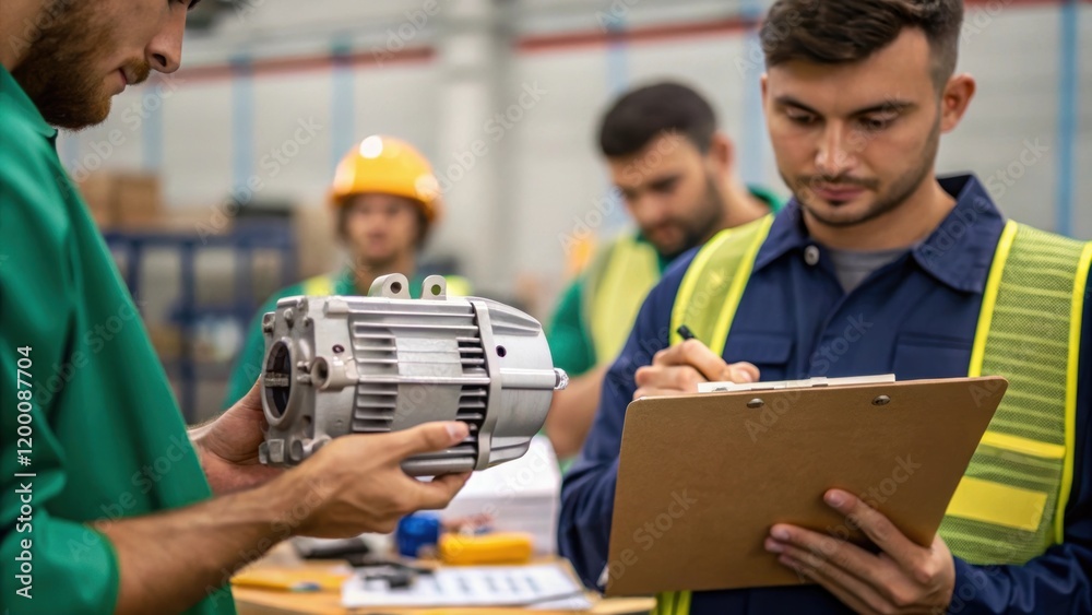 Aufkleber A medium closeup shot of an assembly team collaborating with one person holding a generator component in place while another checks specifications on a clipboard capturing teamwork