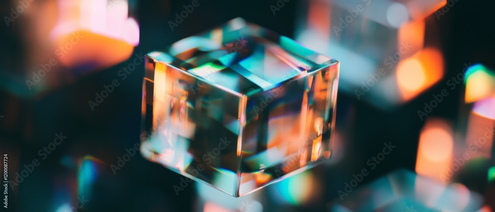 Poster Holographic cube displaying intricate geometric patterns in vibrant colors and light reflections