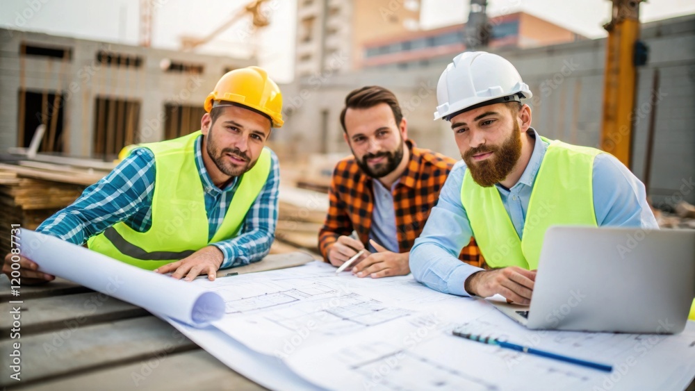 Aufkleber A medium closeup shot capturing a group of engineers discussing plans and measurements with blueprints spread out on a nearby table emphasizing teamwork in bridge construction.