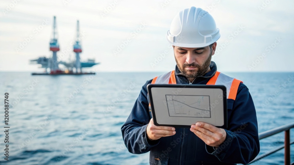 Aufkleber A medium closeup shot of an engineer reviewing schematics on a digital tablet with the vast ocean and drilling platform visible in the background emphasizing the planning involved