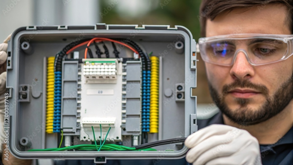 Poster a medium closeup shot of a technician wearing safety goggles focused intently as they install a fibe