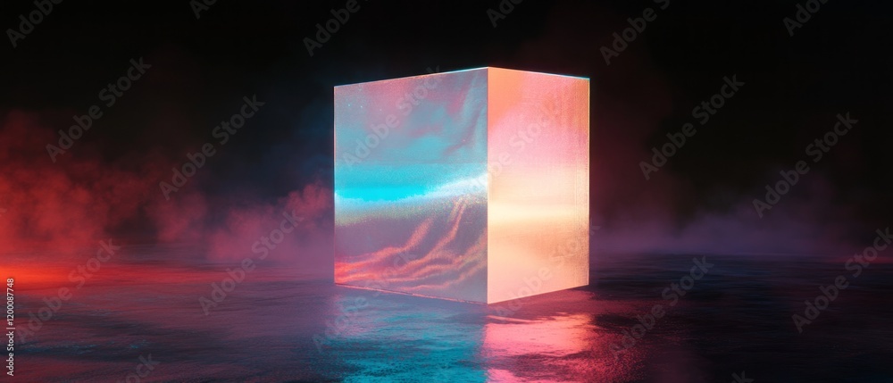 Poster Holographic cube with vibrant geometric patterns illuminated in a dark environment