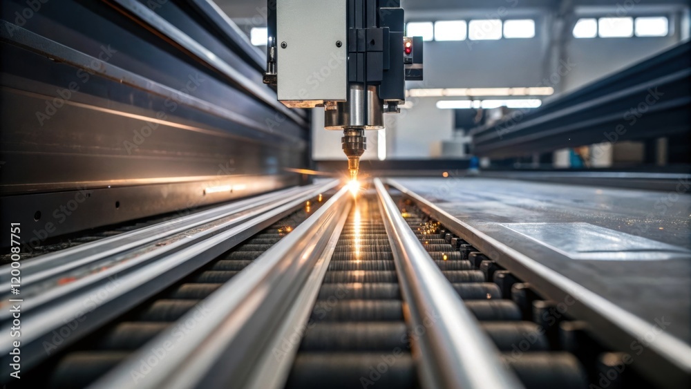 Poster a medium closeup shot of a precision ting machine slicing through steel rails with the machinery gli