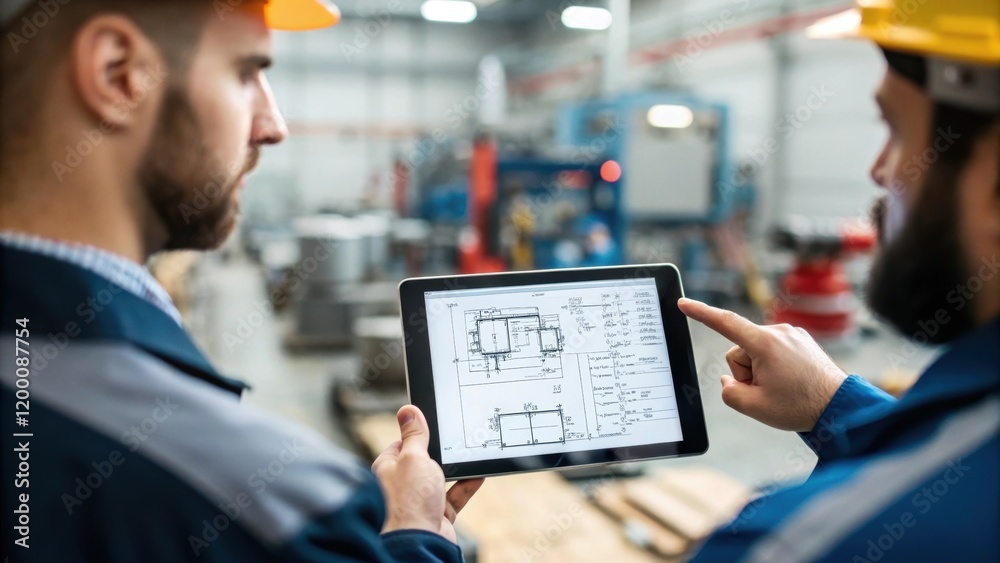 Poster A medium closeup shot of an engineer pointing to a detailed schematic on a tablet discussing machinery specifications with a colleague amidst the sounds of working equipment.
