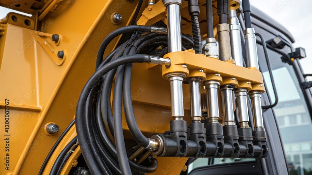Poster a medium closeup shot of the hydraulic system of the excavator showcasing the intricate network of t