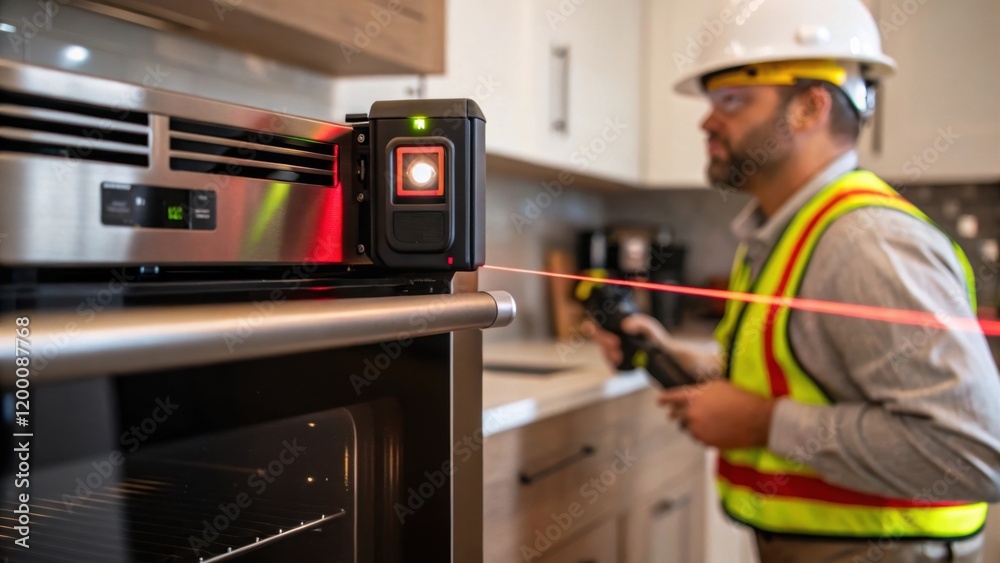 Poster A medium closeup shot of a worker using a laser level to ensure precise alignment of the oven illustrating quality control during the installation process.