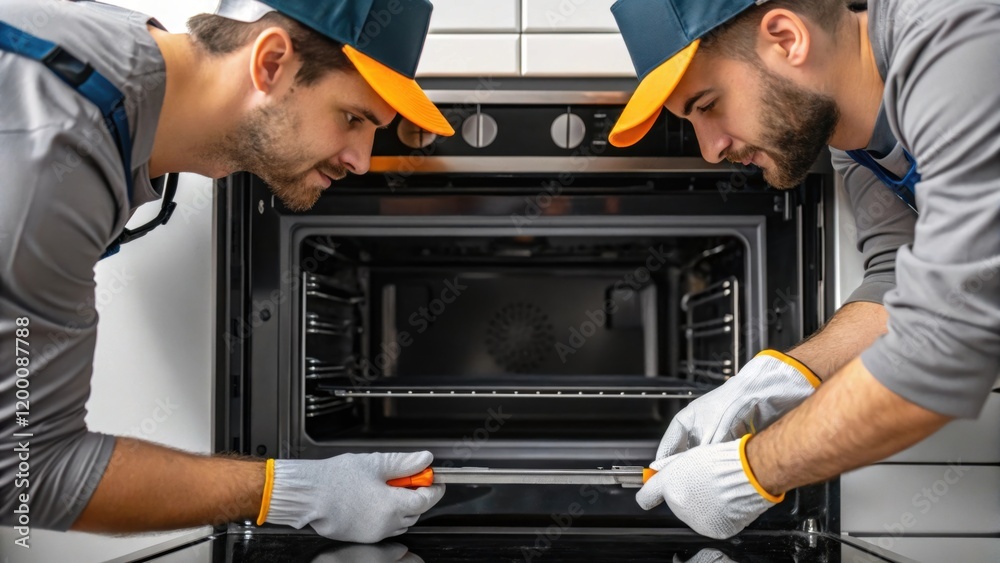 Aufkleber A medium closeup shot of workers assembling the ovens external casing emphasizing the teamwork and precision involved in the installation process.