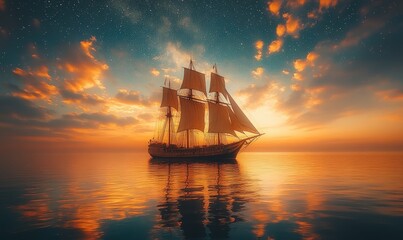 Obraz premium Sunset sailboat, starry sky, calm sea.