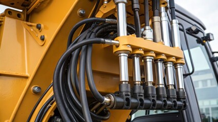 A medium closeup shot of the hydraulic system of the excavator showcasing the intricate network of tubes and pistons that power the arms movement.