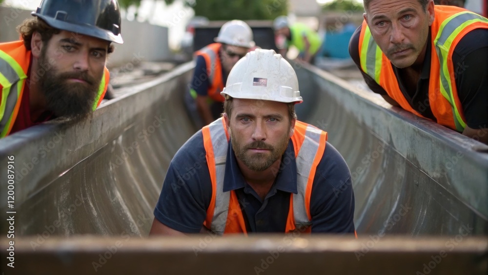 Poster A medium closeup showing a crew guiding a large stormwater basin into position with facial expressions indicating teamwork and focus on alignment.