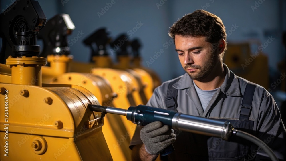 Aufkleber A medium closeup showing a maintenance worker applying grease to the pivot points of large mixer arms with a backdrop of other equipment cast in shadow.