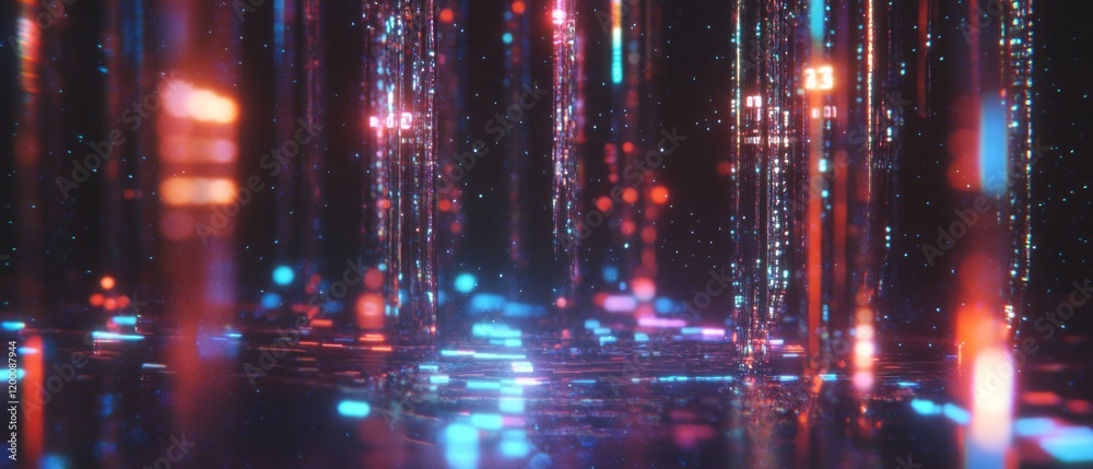 Poster Brilliant holographic data stream featuring flowing binary code and light effects