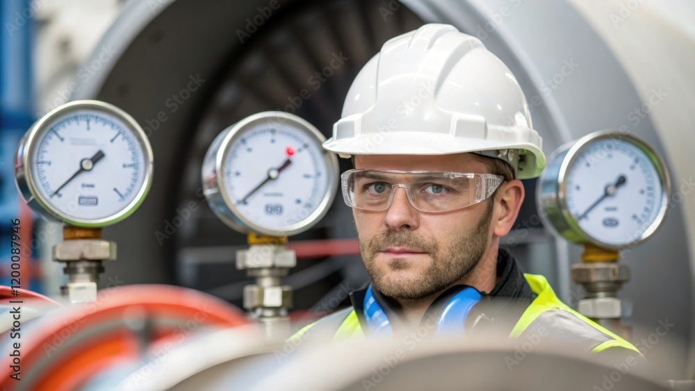 Aufkleber A medium closeup showing an engineer in a hard hat inspecting a turbines nacelle with various instrumentation and gauges in clear focus underlining the importance of quality