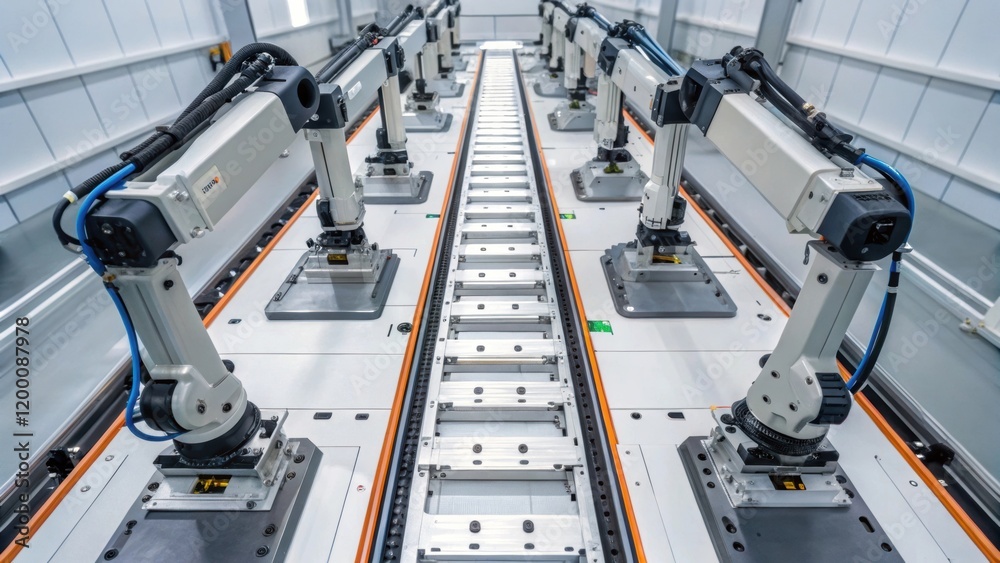 Poster A medium closeup showing an overhead perspective of multiple robotic arms in a sequential assembly line with parts meticulously aligned for efficient processing.